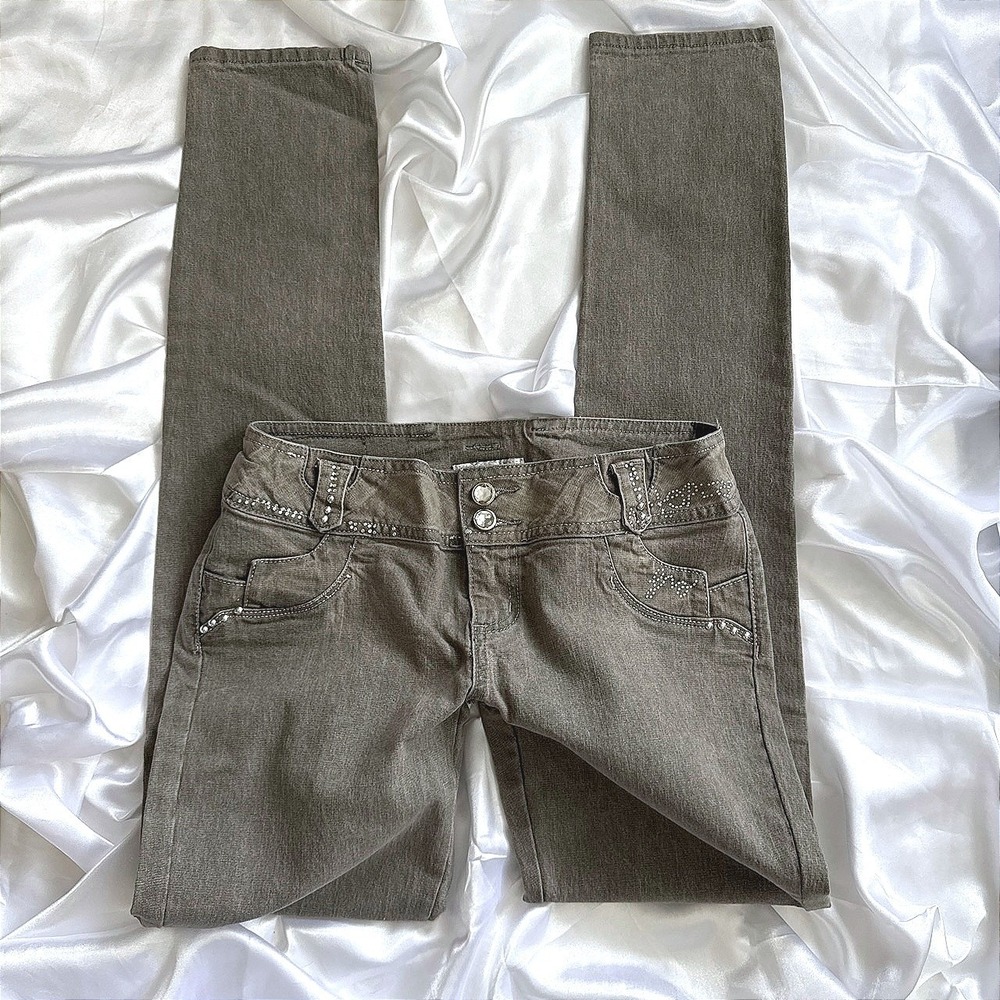Silver Diva Grey Rhinestone Low Rise Skinny Jeans Y2K McBling Size 9